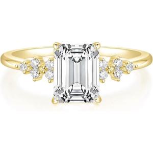 TIGRADE 3CT Engagement Ring for Women Emerald Cut Cubic Zirconia Promise Ring 14K Gold Plated CZ Eternity Wedding Band Size 3-11(Gold)