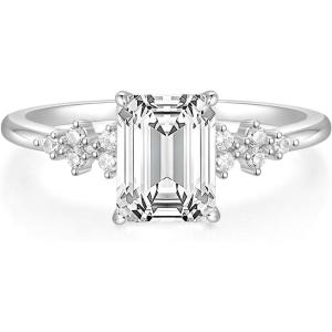 TIGRADE 3CT Engagement Ring for Women Emerald Cut Cubic Zirconia Promise Ring 14K Gold Plated CZ Eternity Wedding Band Size 3-11(Silver)