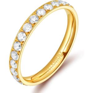 TIGRADE 3mm Women Titanium Engagement Ring Cubic Zirconia Eternity Wedding Band Size 3-13.5(Gold)