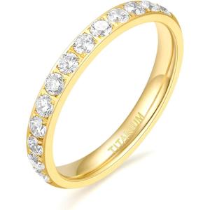 TIGRADE 3mm Women Titanium Engagement Ring Half Cubic Zirconia Eternity Wedding Band Size 3-13(Gold)