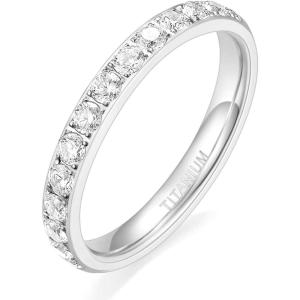 TIGRADE 3mm Women Titanium Engagement Ring Half Cubic Zirconia Eternity Wedding Band Size 3-13(Silver)