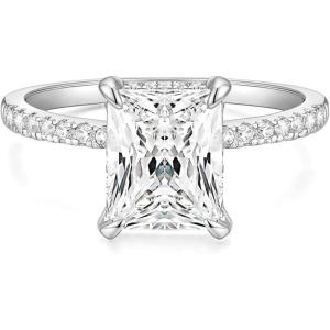 TIGRADE 4CT Engagement Ring for Women Radiant Cut Cubic Zirconia Wedding Band CZ Promise Anniversary Ring Size 3-13(Silver)