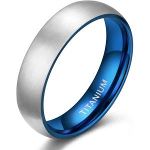 TIGRADE 4mm 6mm 8mm Titanium Ring Brushed Dome Silver Wedding Band Comfort Fit Size 4-14.5(Silver-Blue 6mm)
