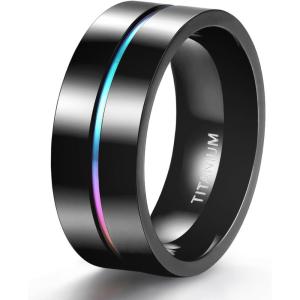TIGRADE 5mm 7mm 9mm Rainbow Titanium Ring Colorful Thin Groove Wedding Band Couple Rings for Women Men Size 3-14.5(9MM)