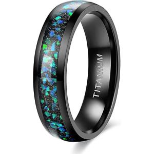 TIGRADE 6MM 8MM Black Titanium Ring with Opal Inlay for Men Women Dome Polished Wedding Ring Size 6-13