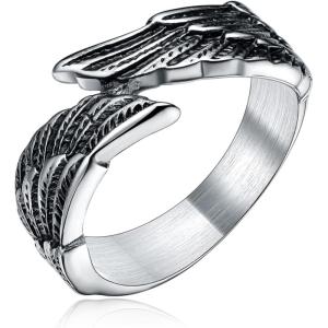 TIGRADE Antique Stainless Steel Ring Feather Angel Wing Cast Black Silver Band Size 4.5-14.5(Black)
