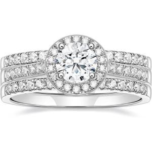 TIGRADE Engagement Ring for Women Cubic Zirconia CZ Eternity Promise Anniversary Wedding Band Size 4-11(Silver-1CT Halo Round Set)