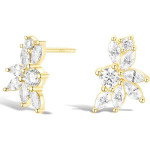TIGRADE Stud Earrings Marquise and Round Cubic Zirconia Rhinestone Cluster Earrings 925 Sterling Silver Post Hypoallergenic for Women, Brides, Bridesmaid(Gold)