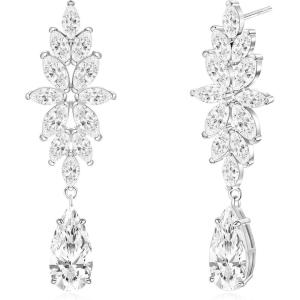TIGRADE Teardrop Wedding Earrings for Brides Bridesmaids Flower Marquise Cubic Zirconia 925 Sterling Silver Post Drop Dangle Earrings for Women Prom