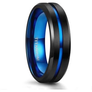 TIGRADE Titanium Ring 6MM 8MM 10MM Black and Blue Two-Tone Centre Groove Wedding Band Matte Finish Comfort Fit for Men Women(Black & Blue 6MM)