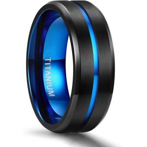 TIGRADE Titanium Ring 6MM 8MM 10MM Black and Blue Two-Tone Centre Groove Wedding Band Matte Finish Comfort Fit for Men Women(Black & Blue 8MM)