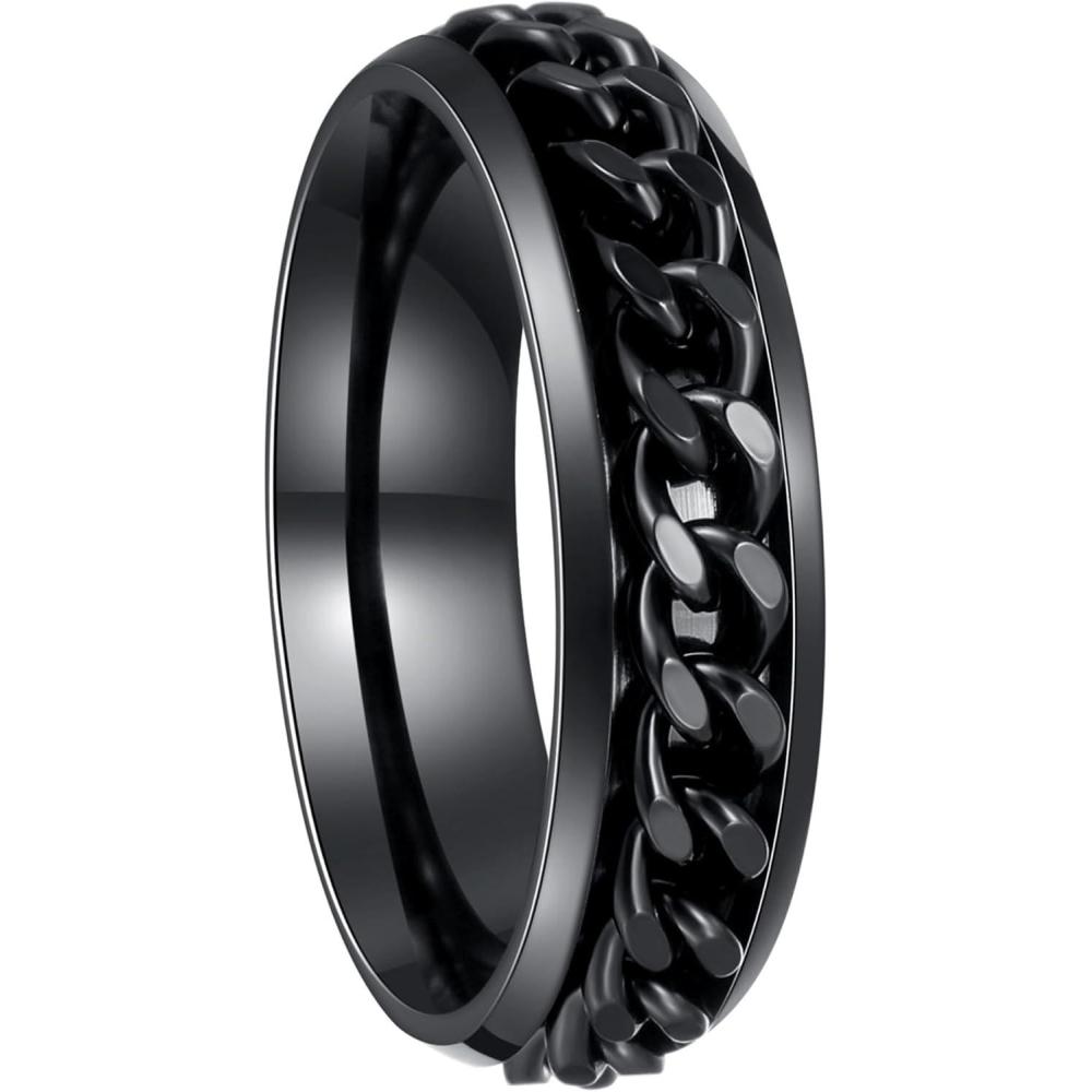 imageMens Fidget Rings Anxiety Spinner Rings for Men Classic Chain Rings for Women Adults Titanium Steel Ring6mm Black Black