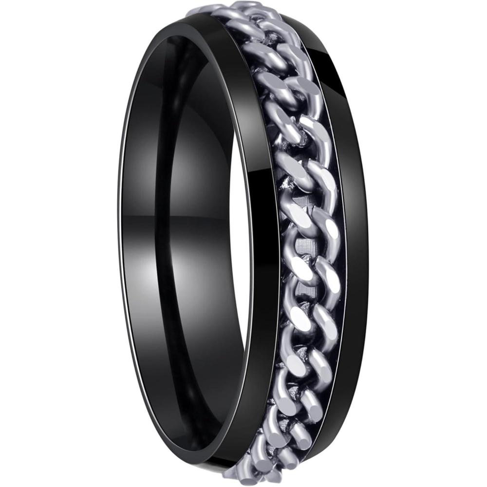 imageMens Fidget Rings Anxiety Spinner Rings for Men Classic Chain Rings for Women Adults Titanium Steel Ring6mm Black Silver