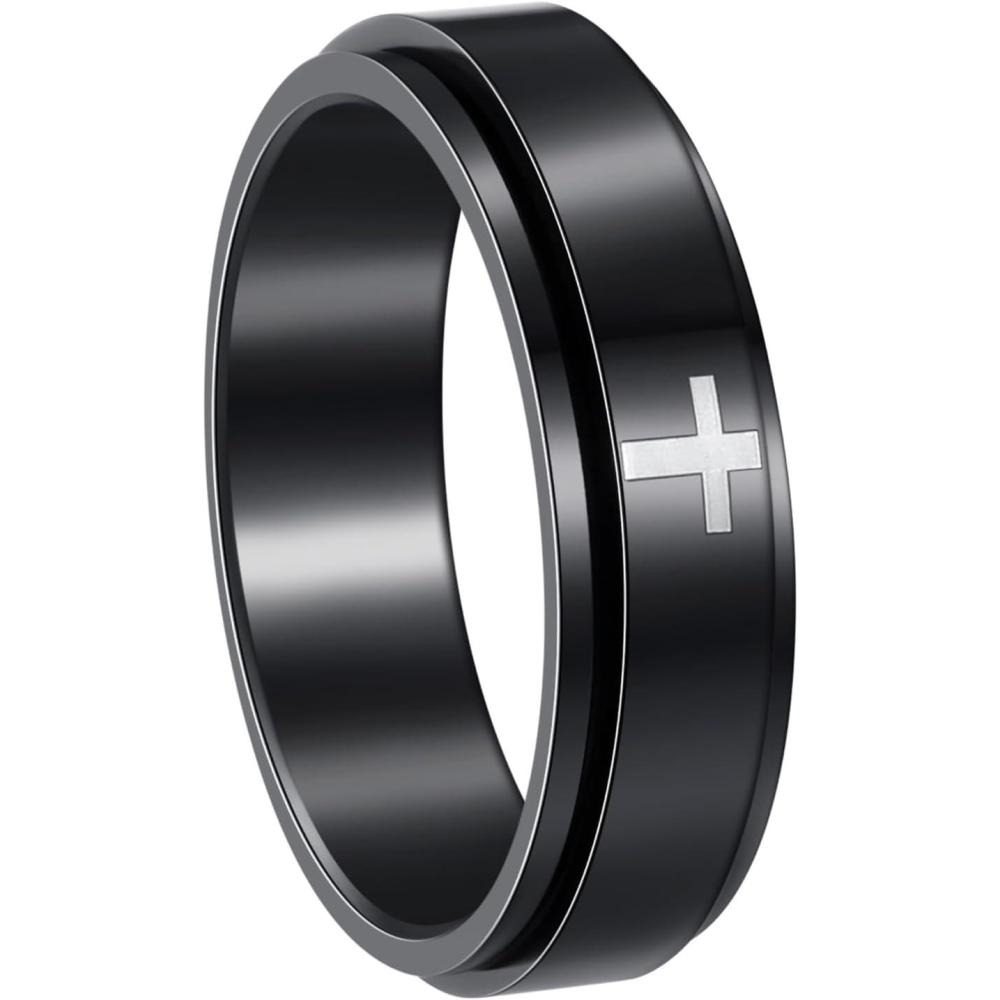 imageMens Fidget Rings Anxiety Spinner Rings for Men Classic Chain Rings for Women Adults Titanium Steel Ring6mm Cross Black