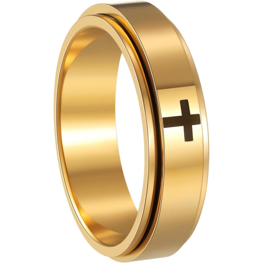 imageMens Fidget Rings Anxiety Spinner Rings for Men Classic Chain Rings for Women Adults Titanium Steel Ring6mm Cross Gold