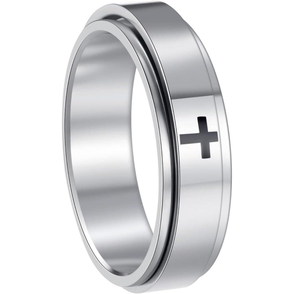 imageMens Fidget Rings Anxiety Spinner Rings for Men Classic Chain Rings for Women Adults Titanium Steel Ring6mm Cross Silver