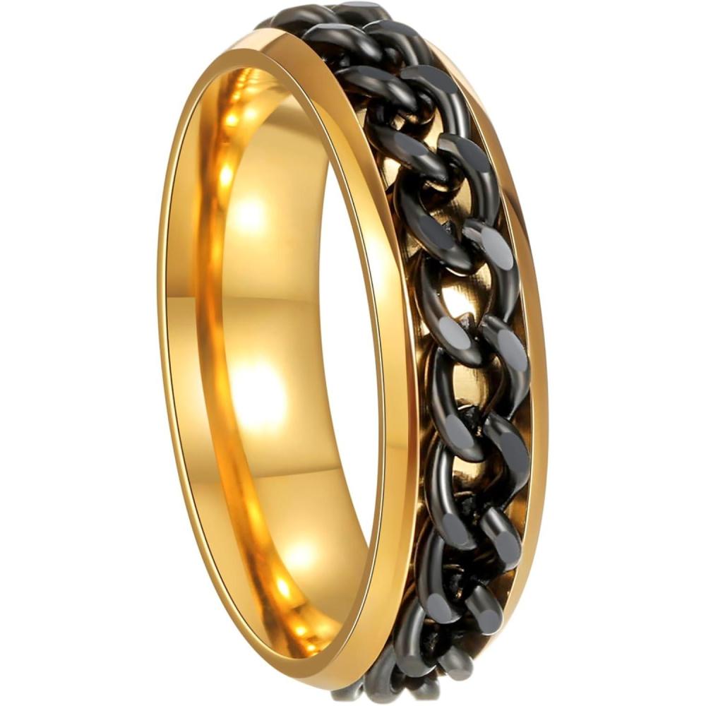 imageMens Fidget Rings Anxiety Spinner Rings for Men Classic Chain Rings for Women Adults Titanium Steel Ring6mm Gold Black