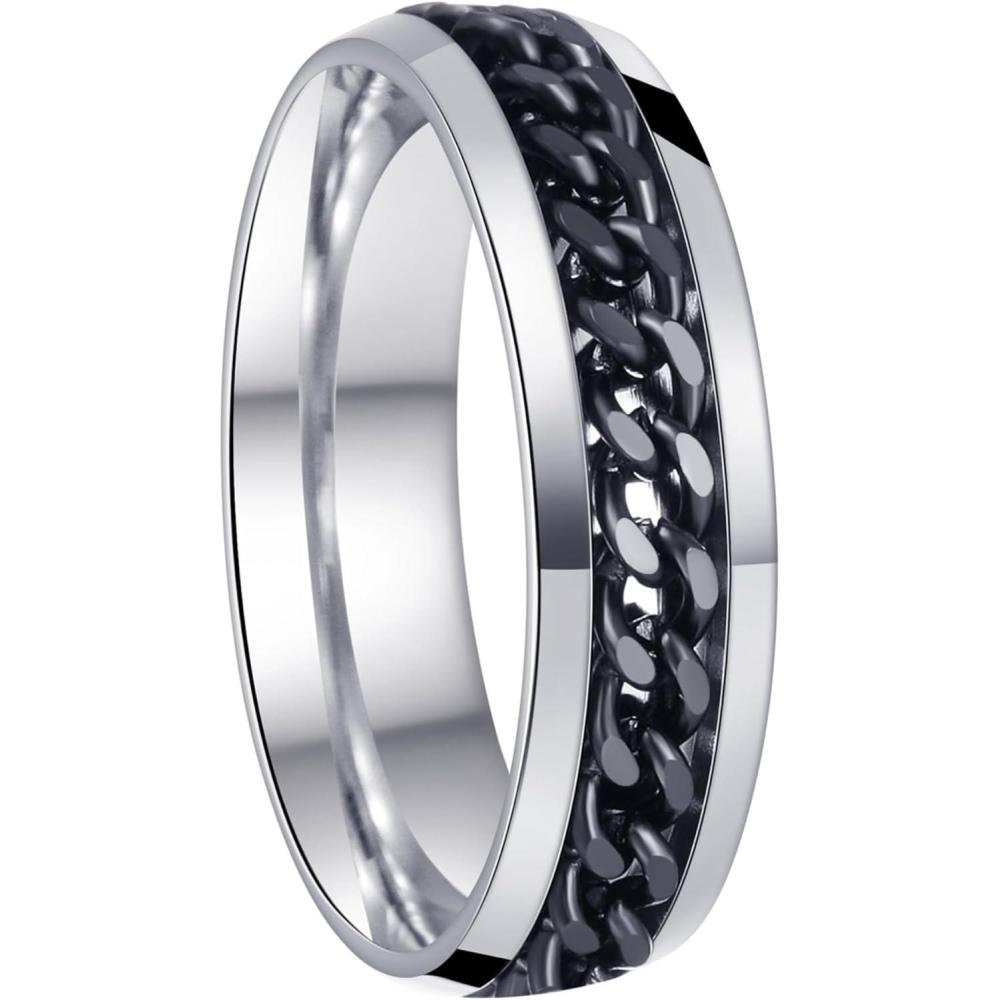 imageMens Fidget Rings Anxiety Spinner Rings for Men Classic Chain Rings for Women Adults Titanium Steel Ring6mm Silver Black