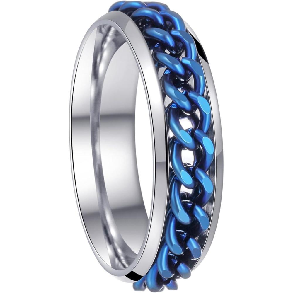 imageMens Fidget Rings Anxiety Spinner Rings for Men Classic Chain Rings for Women Adults Titanium Steel Ring6mm Silver Blue