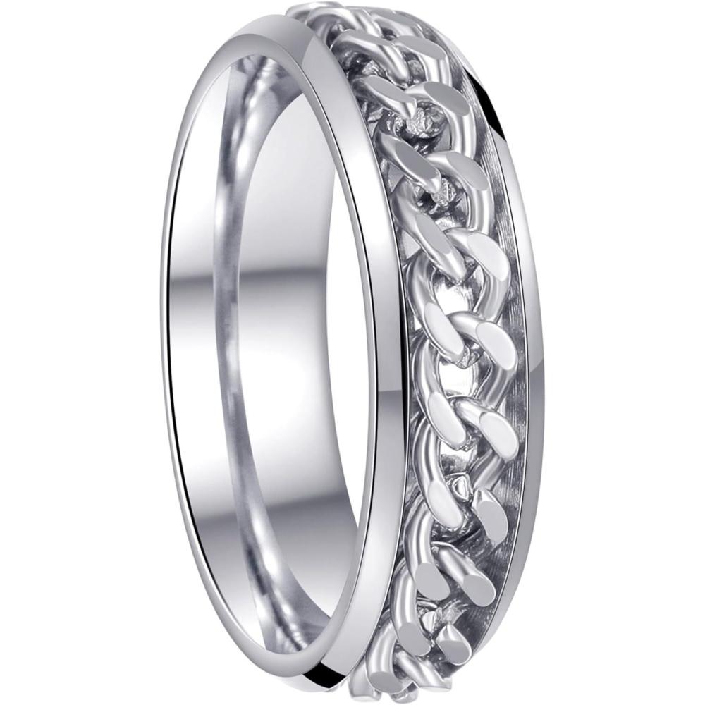 imageMens Fidget Rings Anxiety Spinner Rings for Men Classic Chain Rings for Women Adults Titanium Steel Ring6mm Silver Silver