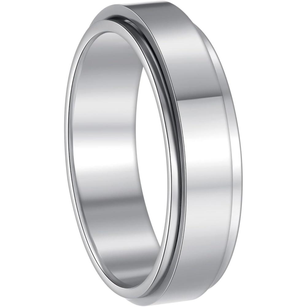 imageMens Fidget Rings Anxiety Spinner Rings for Men Classic Chain Rings for Women Adults Titanium Steel Ring6mm Solid Silver
