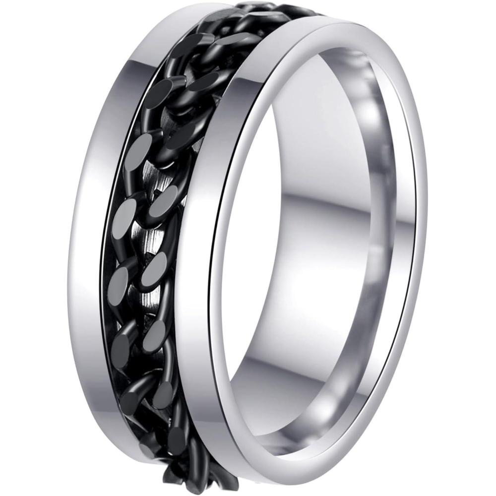 imageMens Fidget Rings Anxiety Spinner Rings for Men Classic Chain Rings for Women Adults Titanium Steel RingBlack