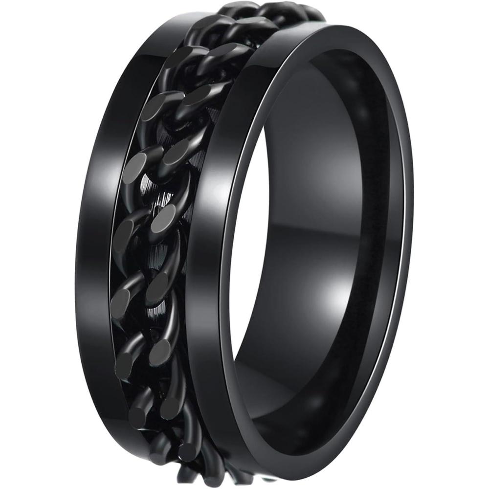 imageMens Fidget Rings Anxiety Spinner Rings for Men Classic Chain Rings for Women Adults Titanium Steel RingBlack Black