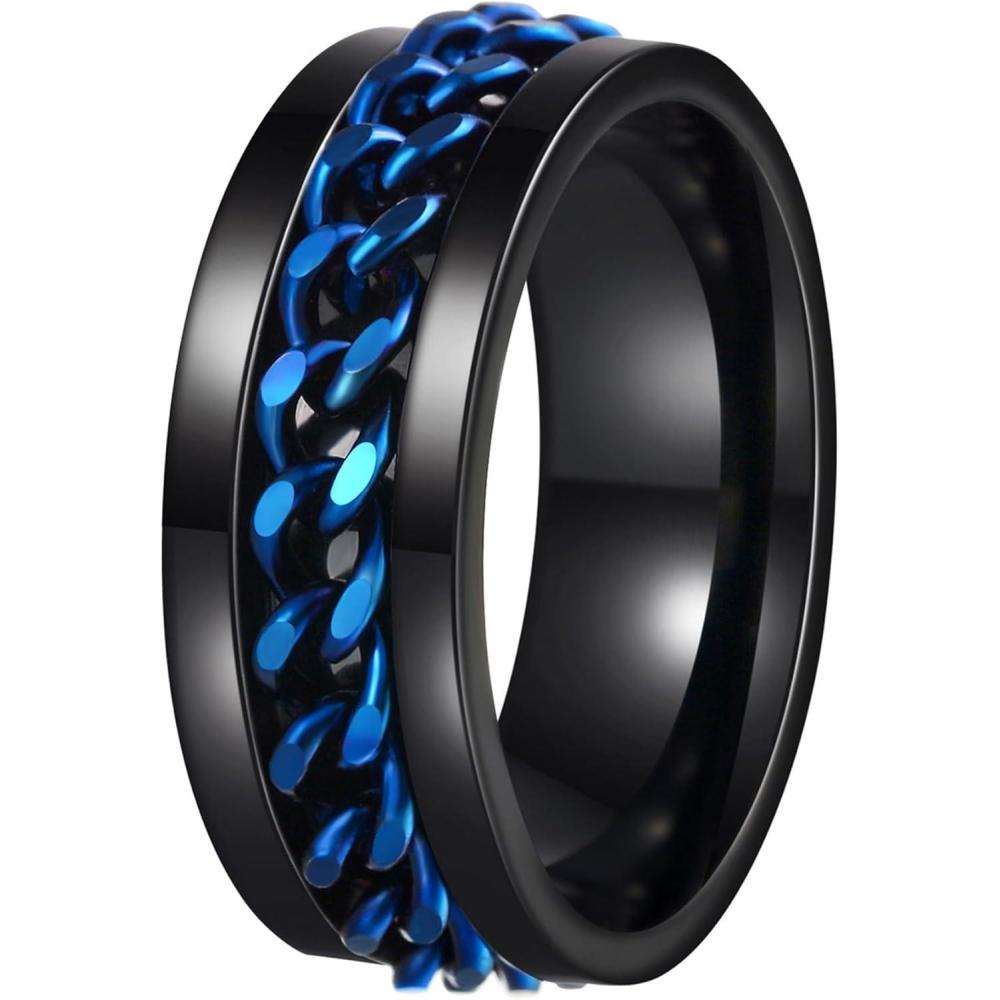 imageMens Fidget Rings Anxiety Spinner Rings for Men Classic Chain Rings for Women Adults Titanium Steel RingBlack Blue