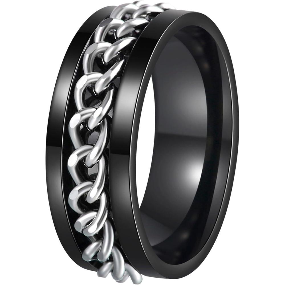 imageMens Fidget Rings Anxiety Spinner Rings for Men Classic Chain Rings for Women Adults Titanium Steel RingBlack Silver