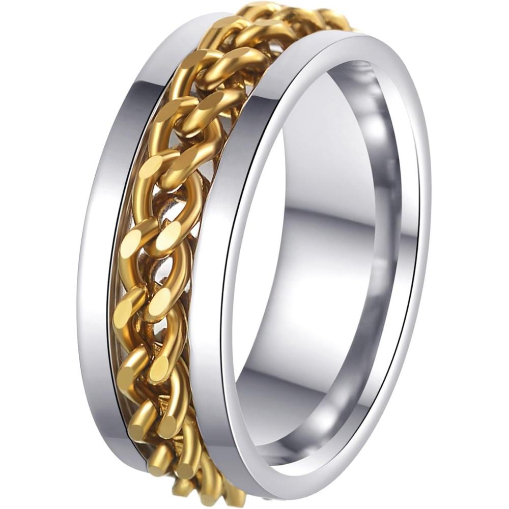 imageMens Fidget Rings Anxiety Spinner Rings for Men Classic Chain Rings for Women Adults Titanium Steel RingGold