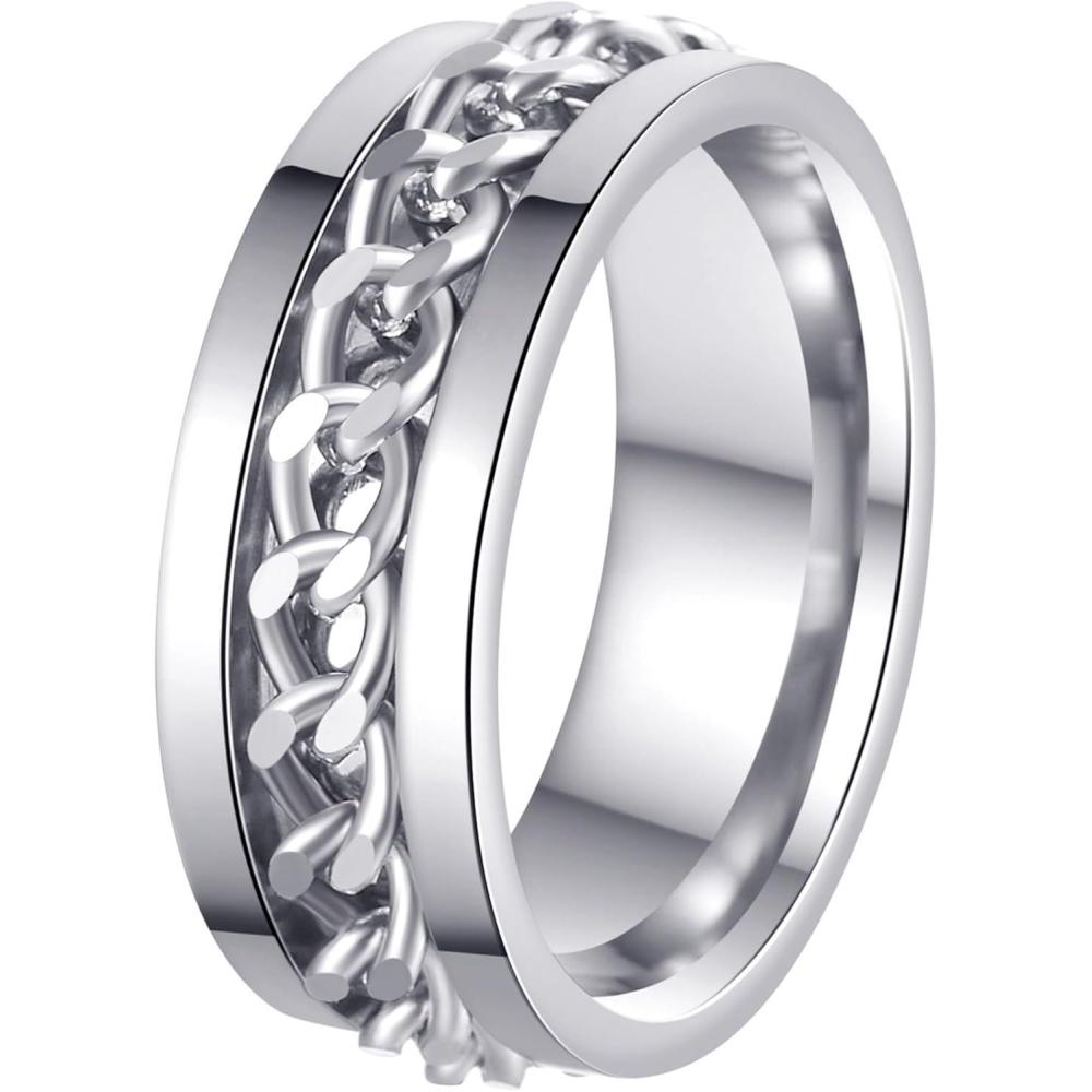 imageMens Fidget Rings Anxiety Spinner Rings for Men Classic Chain Rings for Women Adults Titanium Steel RingSilver