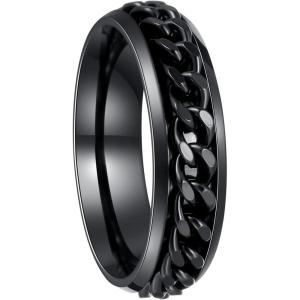 Mens Fidget Rings Anxiety Spinner Rings for Men Classic Chain Rings for Women Adults Titanium Steel Ring(6mm Black Black)