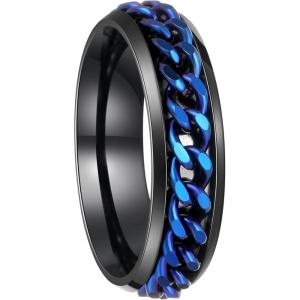 Mens Fidget Rings Anxiety Spinner Rings for Men Classic Chain Rings for Women Adults Titanium Steel Ring(6mm Black Blue)