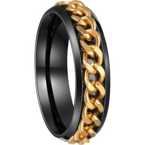 Mens Fidget Rings Anxiety Spinner Rings for Men Classic Chain Rings for Women Adults Titanium Steel Ring(6mm Black Gold)