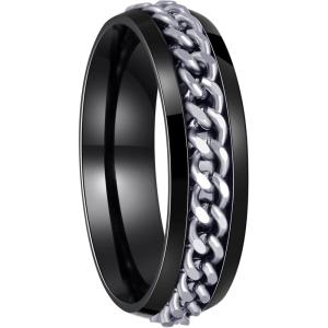Mens Fidget Rings Anxiety Spinner Rings for Men Classic Chain Rings for Women Adults Titanium Steel Ring(6mm Black Silver)