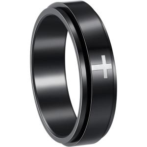 Mens Fidget Rings Anxiety Spinner Rings for Men Classic Chain Rings for Women Adults Titanium Steel Ring(6mm Cross Black)