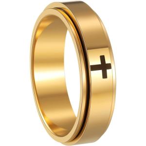 Mens Fidget Rings Anxiety Spinner Rings for Men Classic Chain Rings for Women Adults Titanium Steel Ring(6mm Cross Gold)