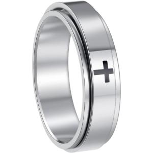 Mens Fidget Rings Anxiety Spinner Rings for Men Classic Chain Rings for Women Adults Titanium Steel Ring(6mm Cross Silver)