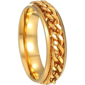 Mens Fidget Rings Anxiety Spinner Rings for Men Classic Chain Rings for Women Adults Titanium Steel Ring(6mm Gold Gold)