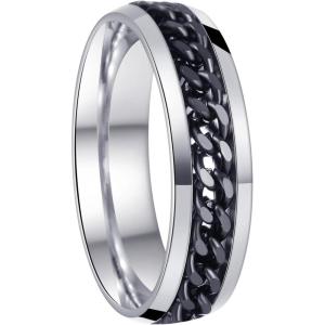 Mens Fidget Rings Anxiety Spinner Rings for Men Classic Chain Rings for Women Adults Titanium Steel Ring(6mm Silver Black)