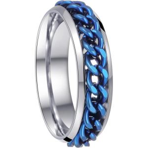Mens Fidget Rings Anxiety Spinner Rings for Men Classic Chain Rings for Women Adults Titanium Steel Ring(6mm Silver Blue)