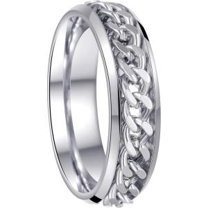 Mens Fidget Rings Anxiety Spinner Rings for Men Classic Chain Rings for Women Adults Titanium Steel Ring(6mm Silver Silver)