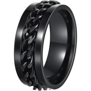 Mens Fidget Rings Anxiety Spinner Rings for Men Classic Chain Rings for Women Adults Titanium Steel Ring(Black Black)