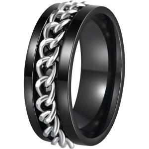 Mens Fidget Rings Anxiety Spinner Rings for Men Classic Chain Rings for Women Adults Titanium Steel Ring(Black Silver)