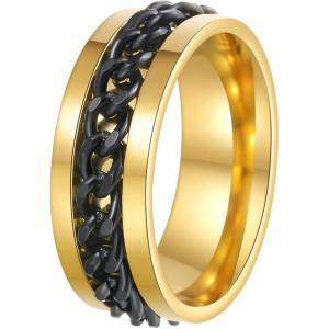 Mens Fidget Rings Anxiety Spinner Rings for Men Classic Chain Rings for Women Adults Titanium Steel Ring(Gold Black)