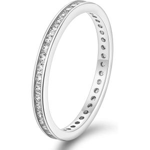TIGRADE 2.5mm Women Anniversary Ring Cubic Zirconia Wedding Band CZ Stackable Ring Eternity Band Size 3-11(Silver)