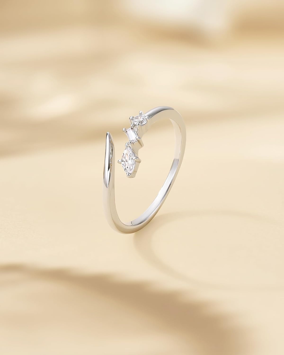 imageTIGRADE 14k Gold Plated Open Rings Dainty Baguette Marquise Round Cubic Zirconia Stackable Ring for Women Size 312Silver