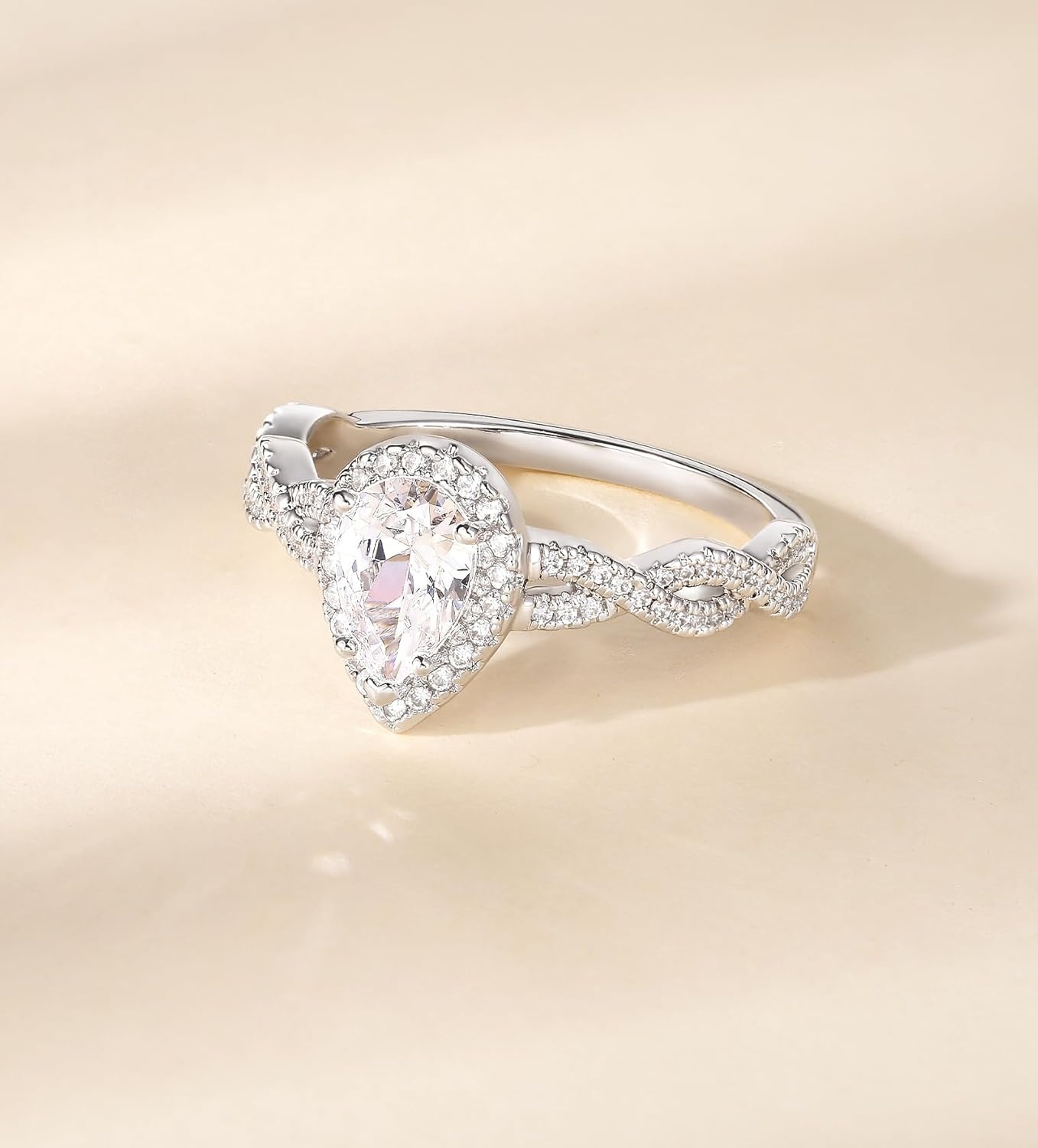 imageTIGRADE 15CT Teardrop Engagement Ring Halo Pear Cubic Zirconia Twisted Wedding Band CZ Promise Anniversary Ring for Women Size 312Silver