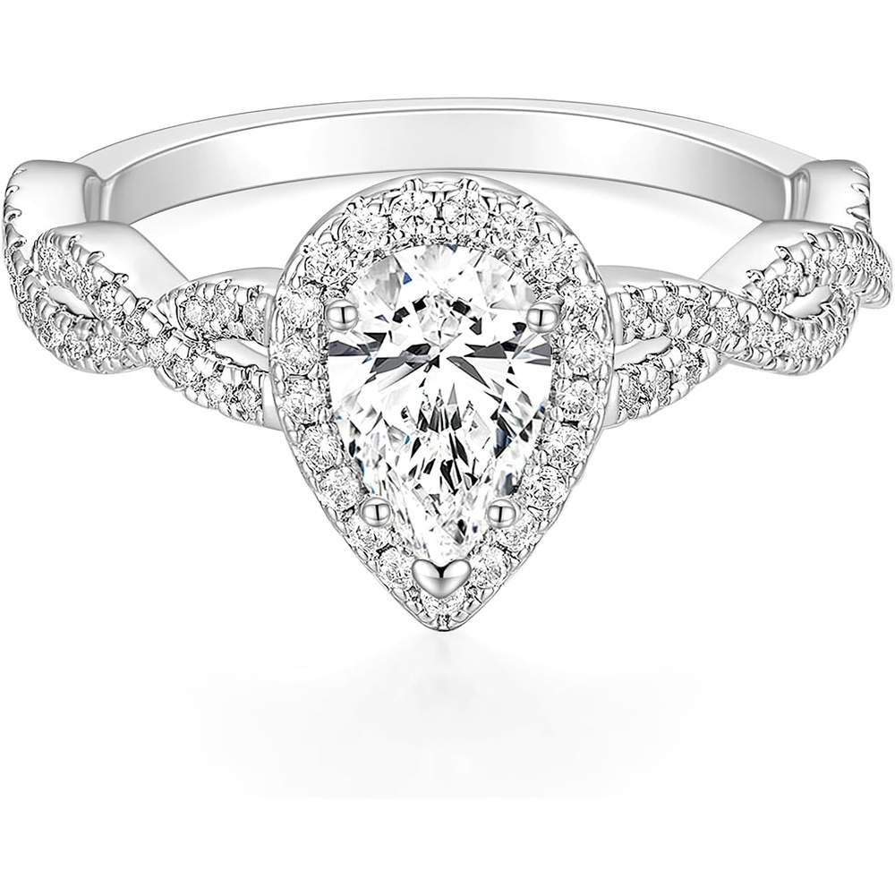imageTIGRADE 15CT Teardrop Engagement Ring Halo Pear Cubic Zirconia Twisted Wedding Band CZ Promise Anniversary Ring for Women Size 312Silver