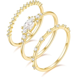 TIGRADE 14K Gold Plated Stacking Rings for Women Minimalist Fashion Knuckle Thin Band Marquise & Round Cubic Zirconia Statement Ring Set Size 3-13(Gold-3PCS)